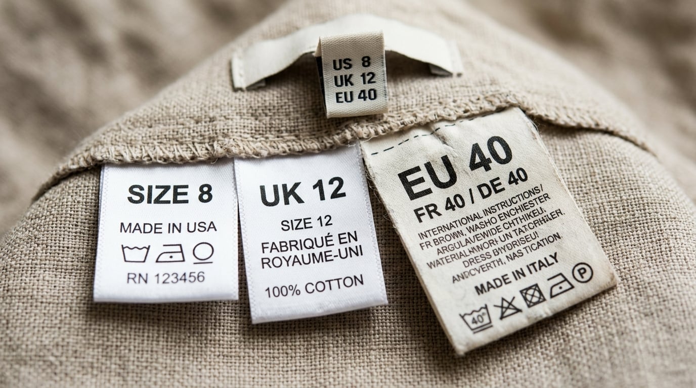 Clothing tags showing US, UK, and EU international sizing labels