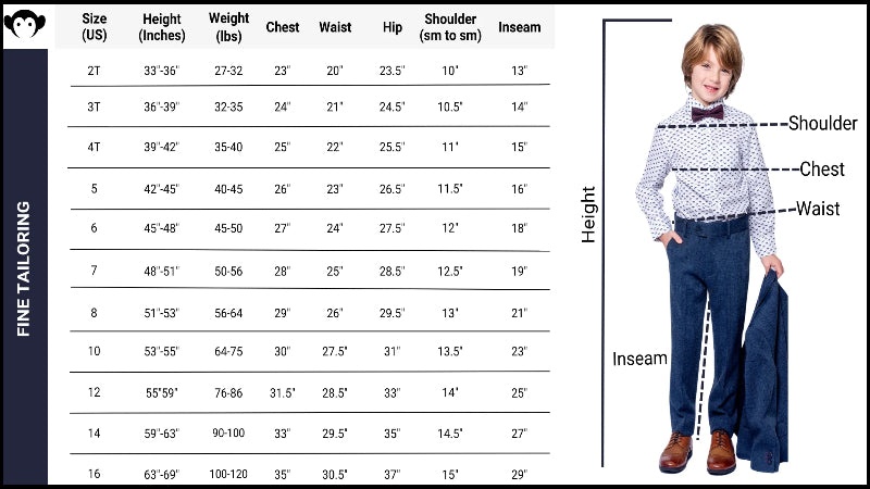 Children's clothing size chart organized by age from newborn to teenager