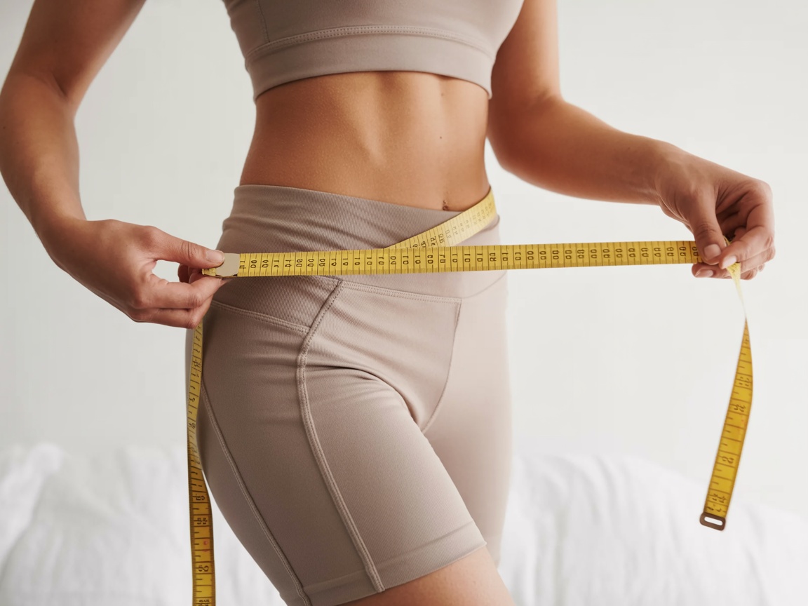 Person measuring hips with tape measure