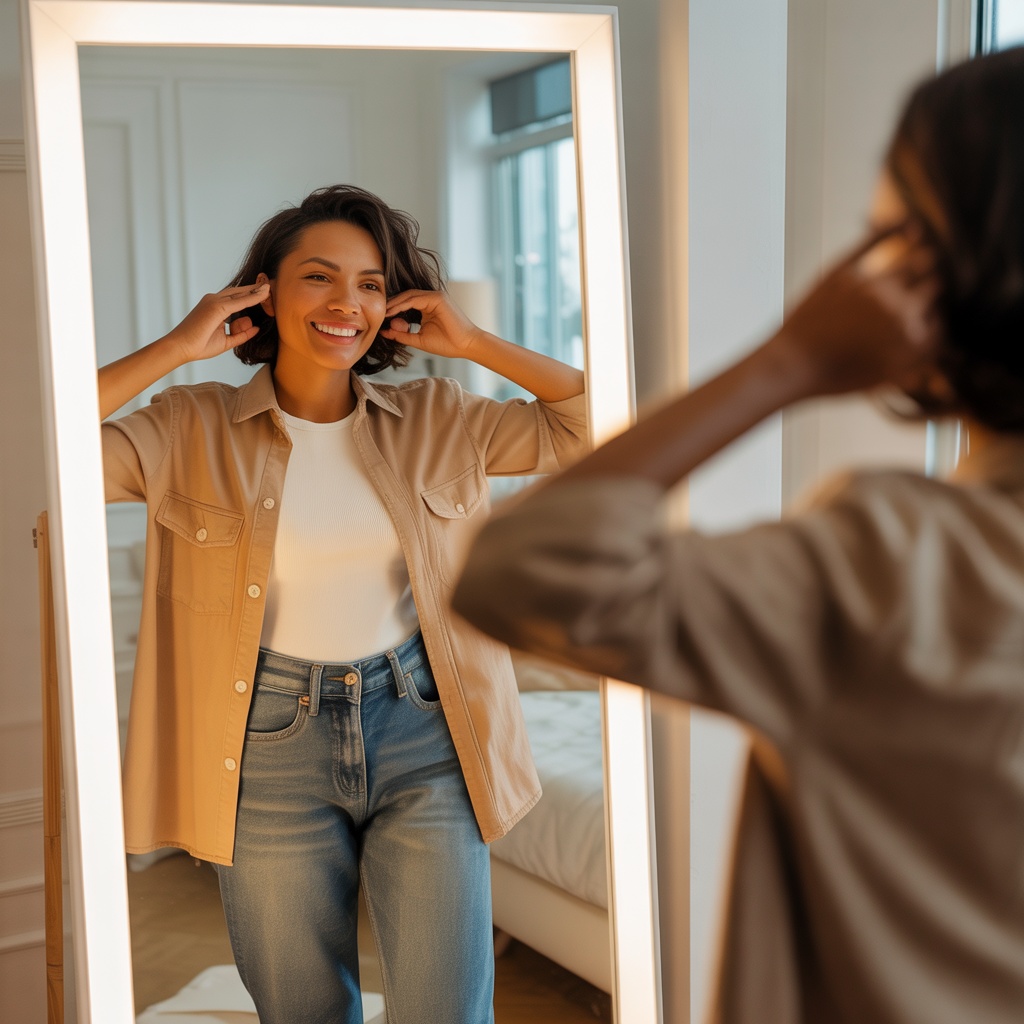 Person trying on perfectly fitting clothes